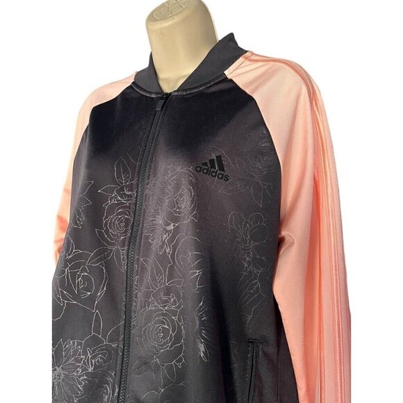 Adidas Women's Sz L Black Rose Floral Embossed Peach Contrast Sleeves Jacket - Picture 3 of 11